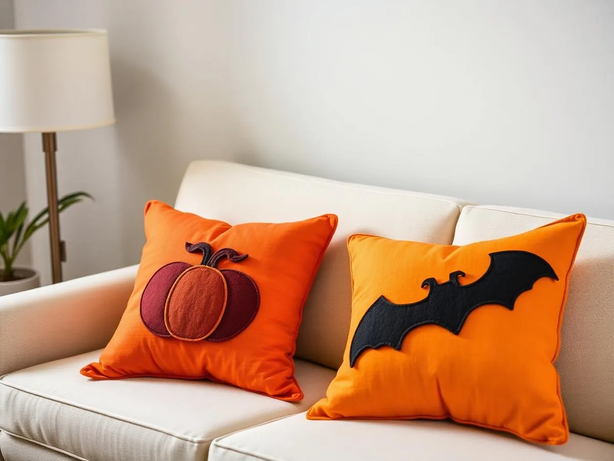 Almofadas decorativas com elementos de Halloween em sala de estar