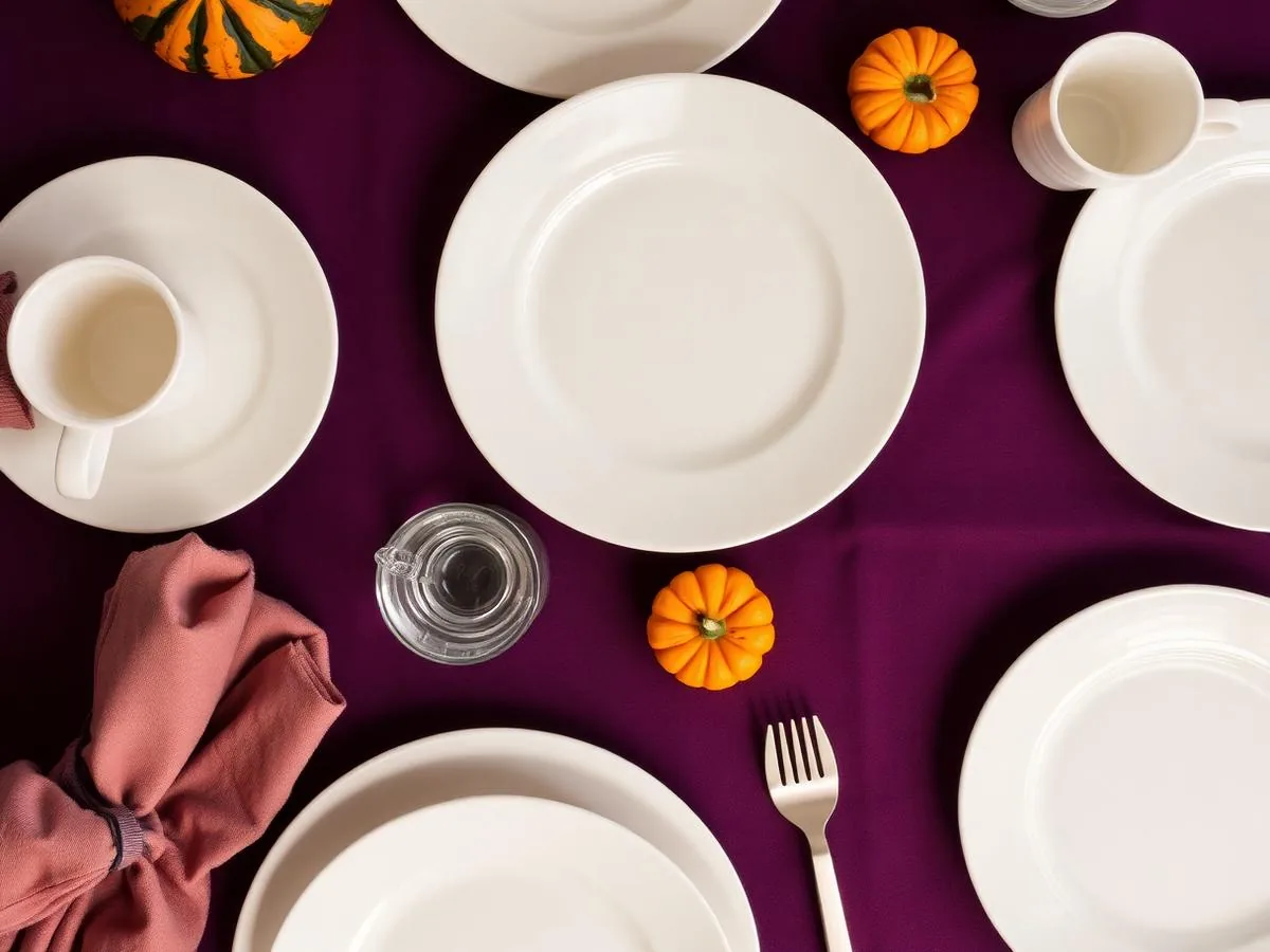 Pratos, copos, guardanapos e artigos de mesa em composição de Halloween