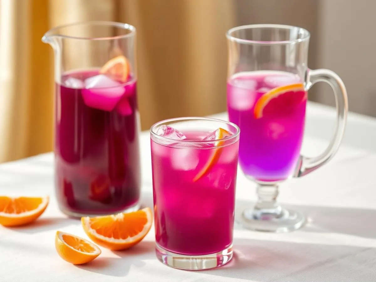 Jarra e copos com bebida sem álcool em tons roxos para Halloween