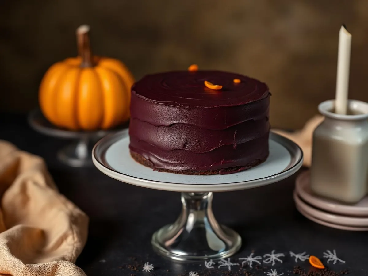 Bolo de Halloween com cobertura escura e decoração temática discreta