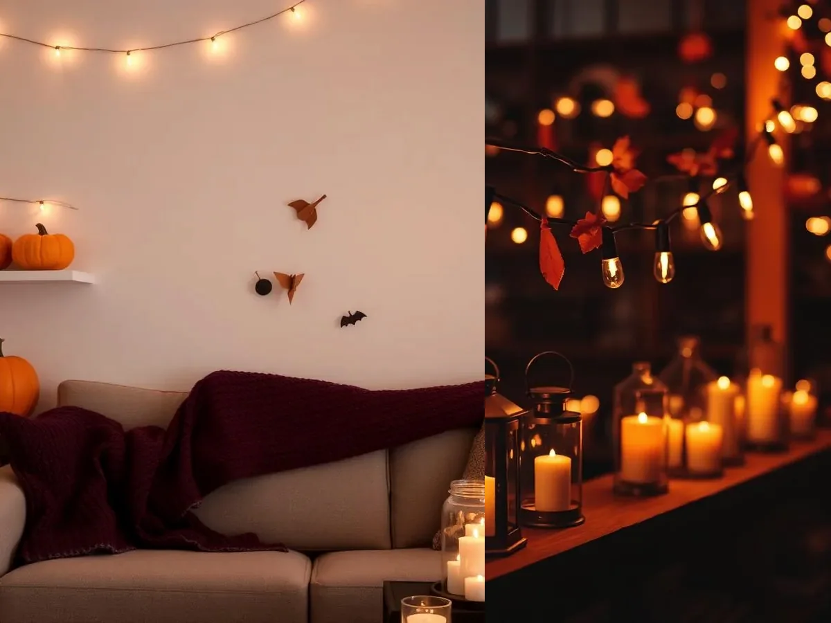 Ambiente de Halloween com iluminação decorativa para uma caça ao tesouro