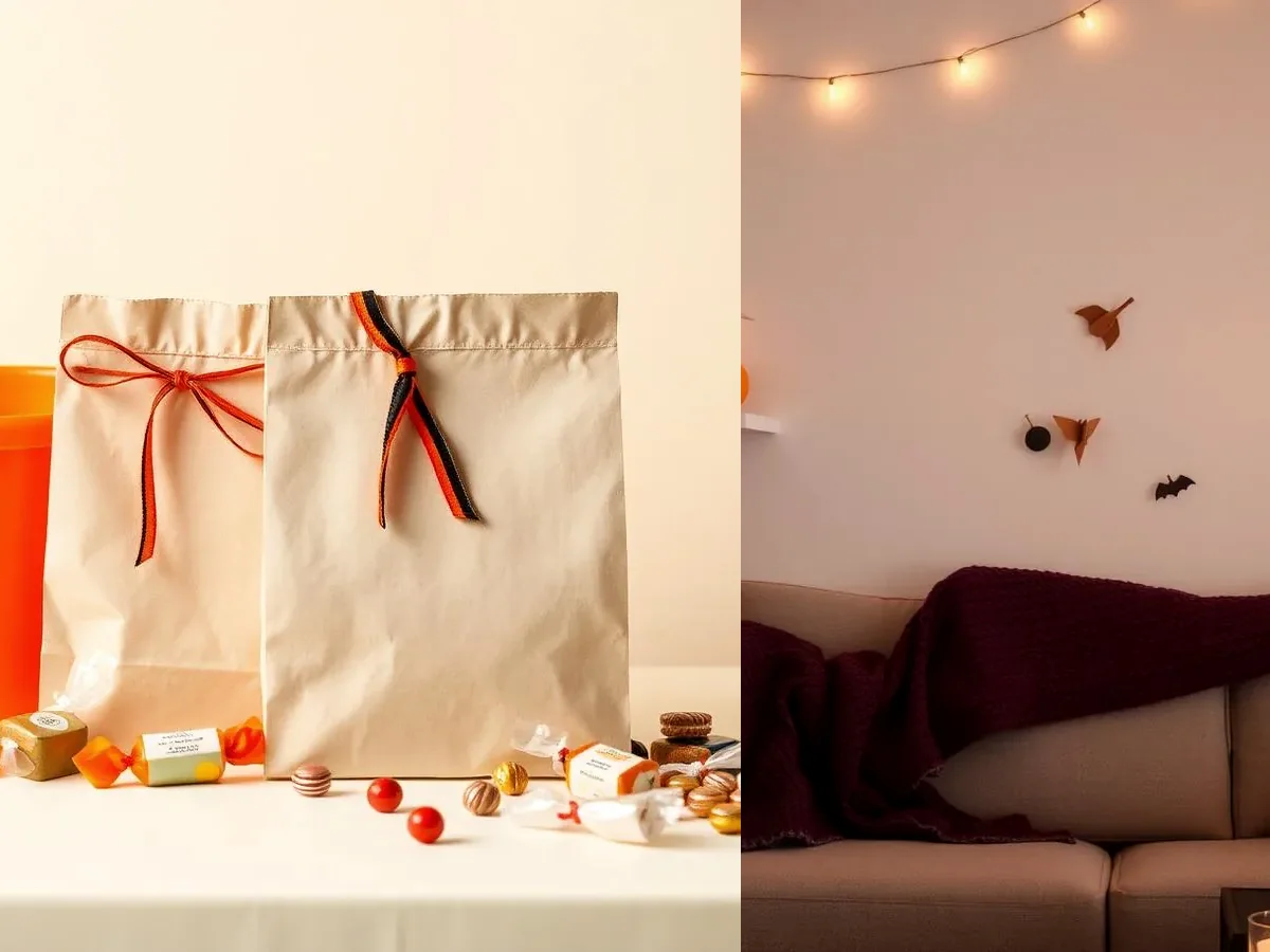 Sacolas e doces preparados para uma caça aos doces de Halloween