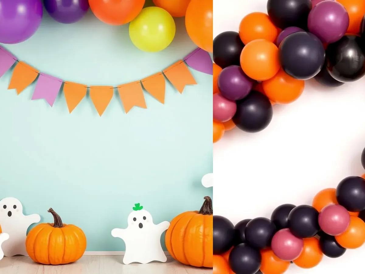 Ambiente colorido de Halloween preparado para dança e brincadeiras infantis