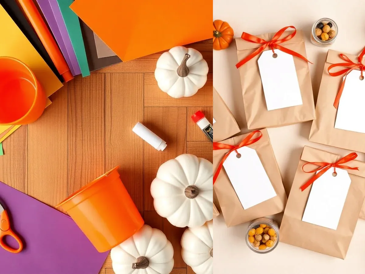 Papéis, tesoura e materiais para uma oficina criativa de Halloween