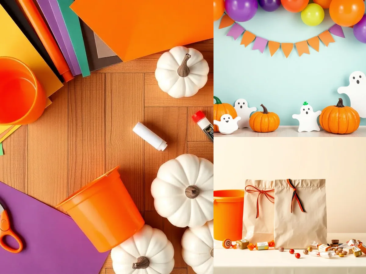 Materiais, doces e decoração preparados para brincadeiras de Halloween