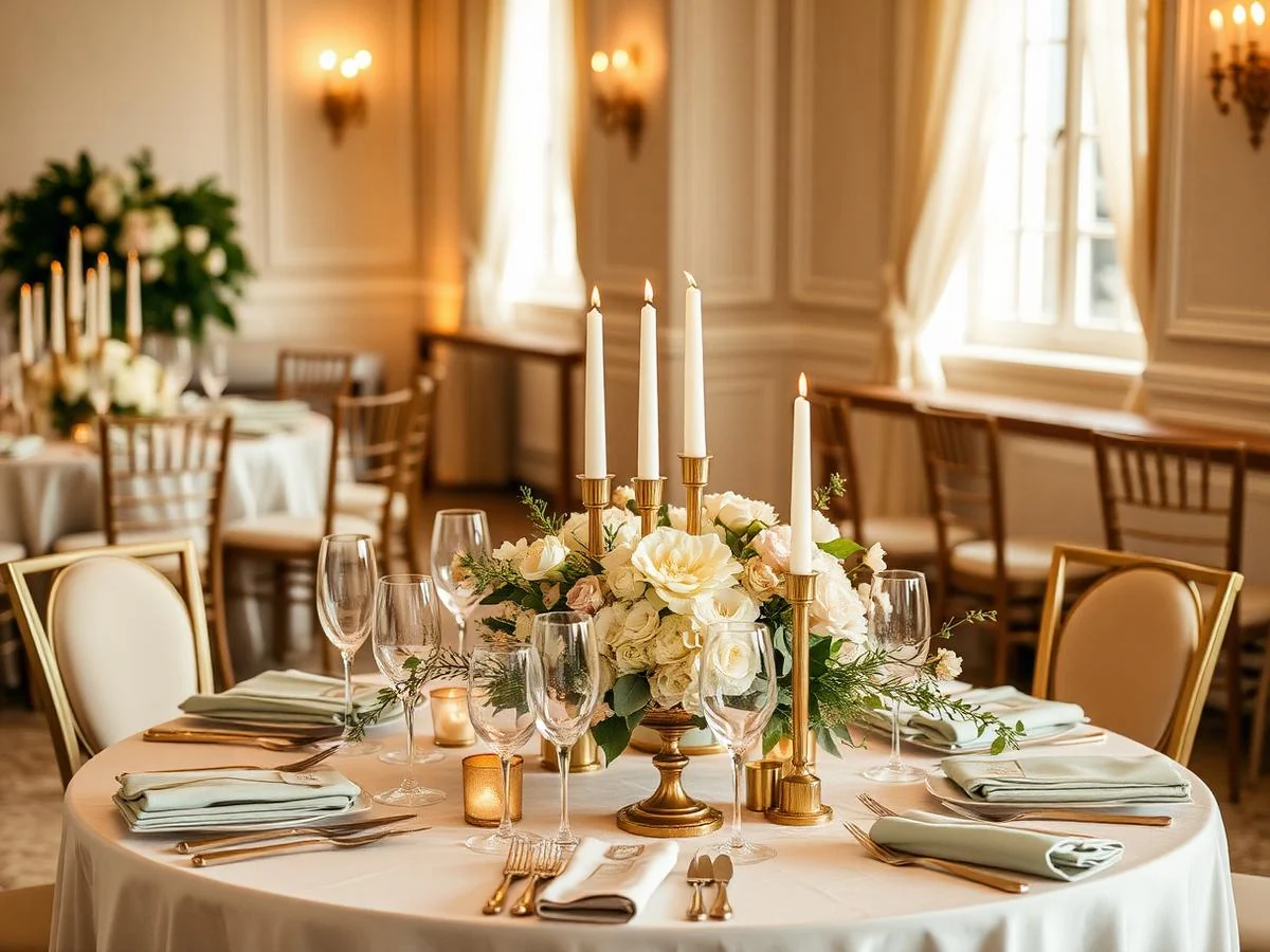 Decoração elegante de casamento com flores e mesa posta