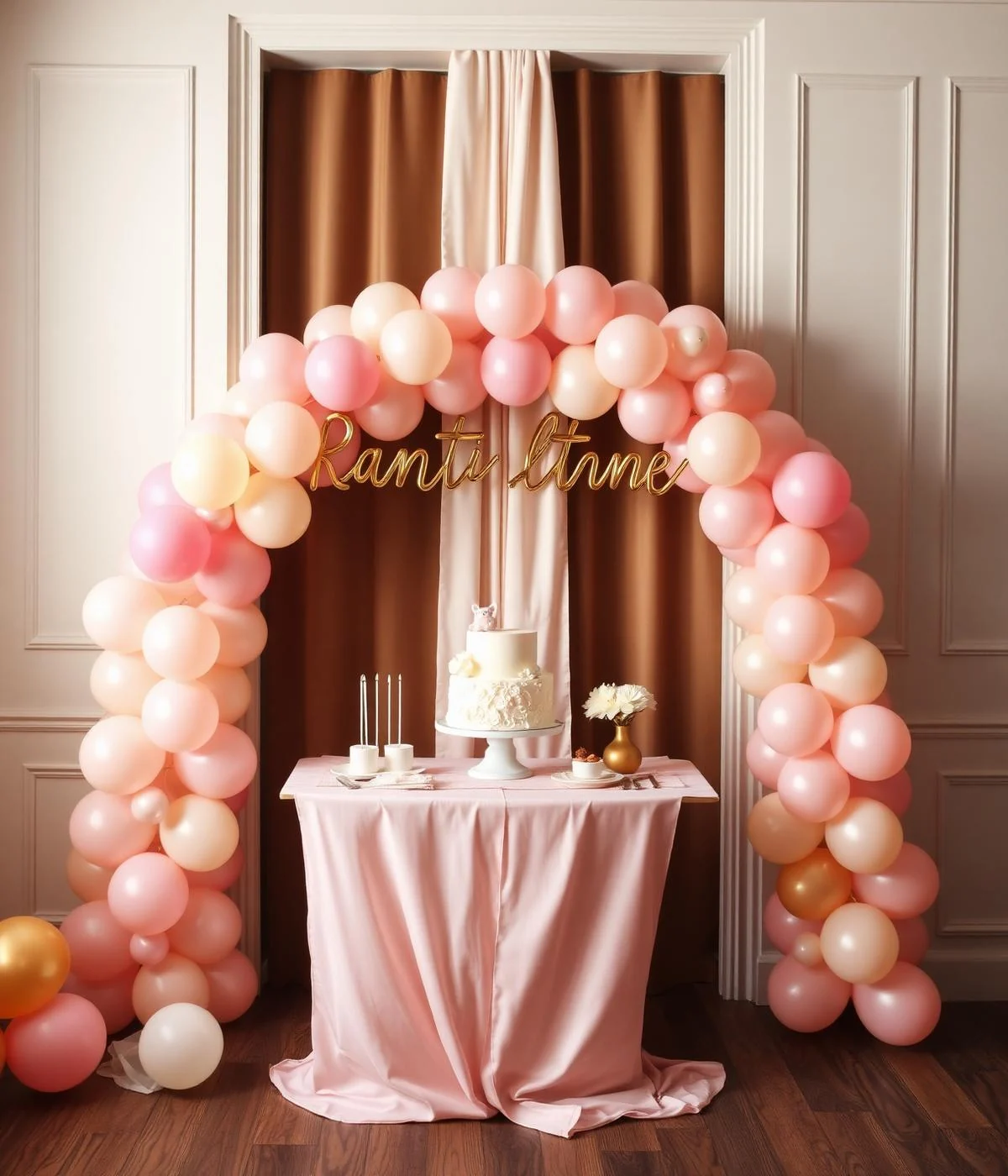 Decoração de festa infantil com mesa, bolo e balões