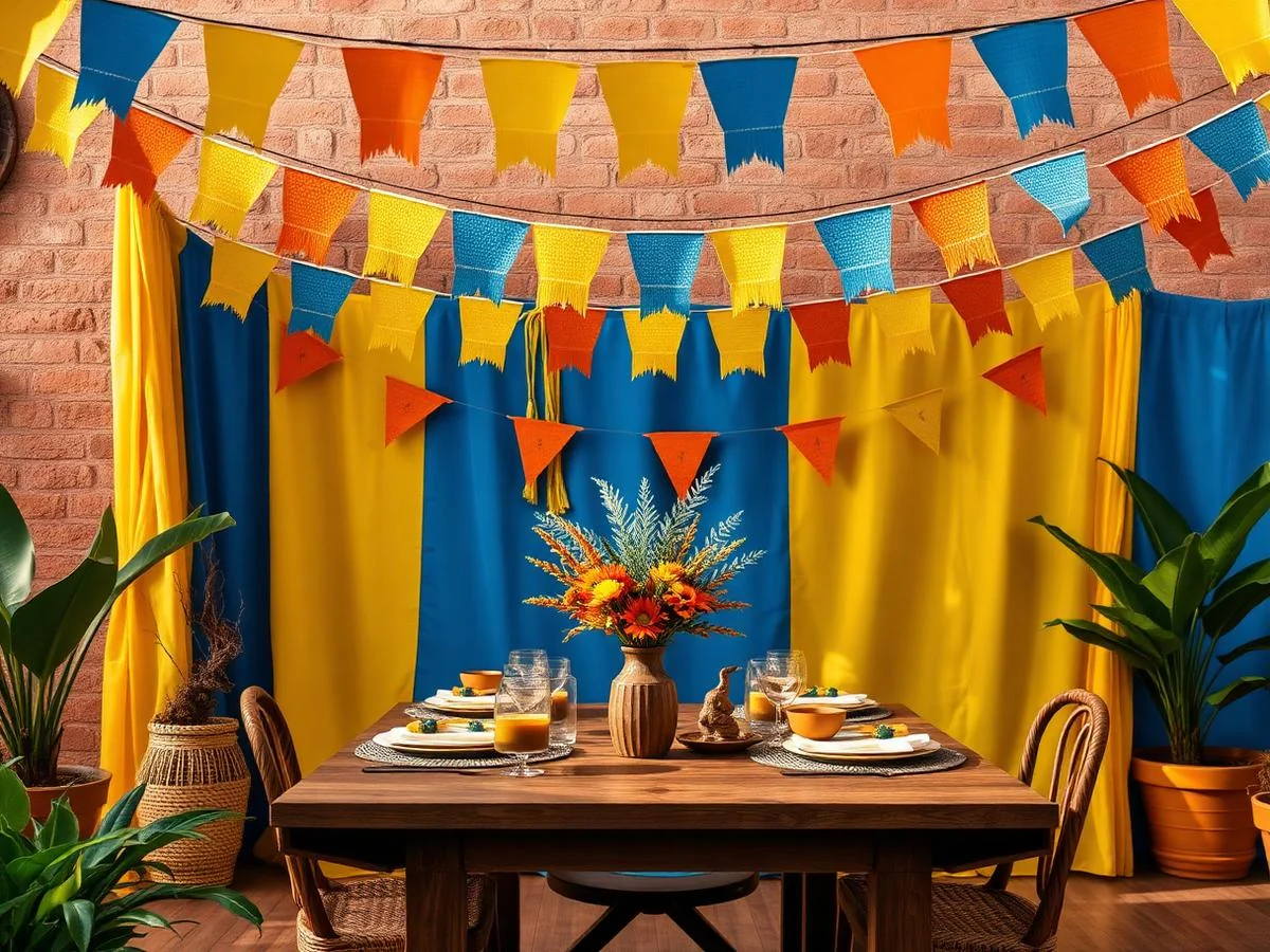 Decoração colorida de Festa Junina com bandeirinhas