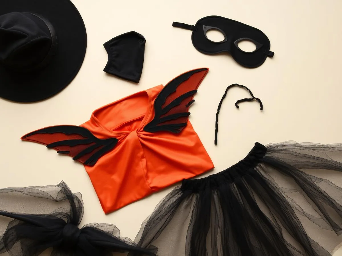 Peças e acessórios de fantasia de Halloween organizados sobre fundo claro
