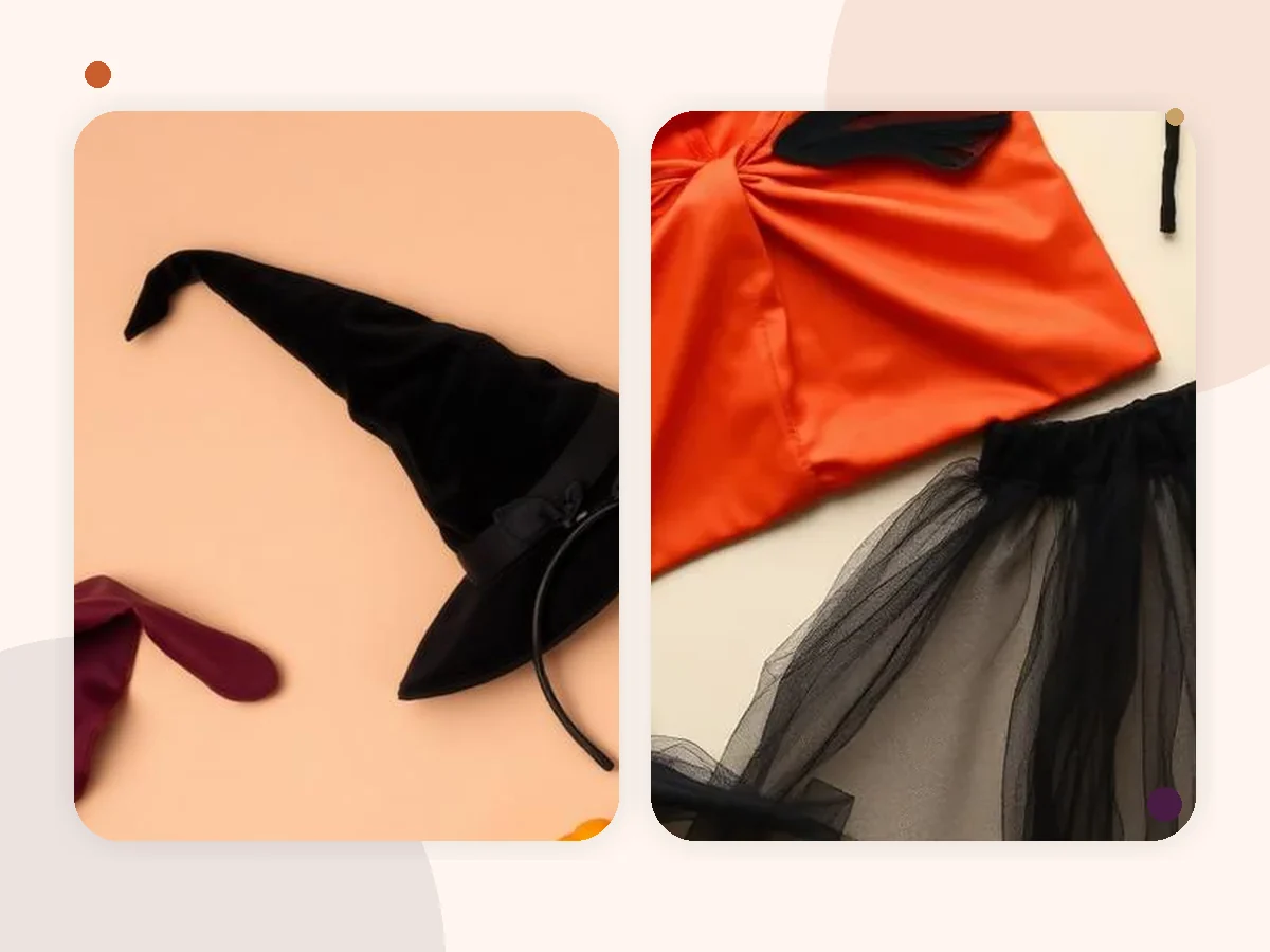 Chapéu e tecido escuro como referência para fantasia feminina de Halloween