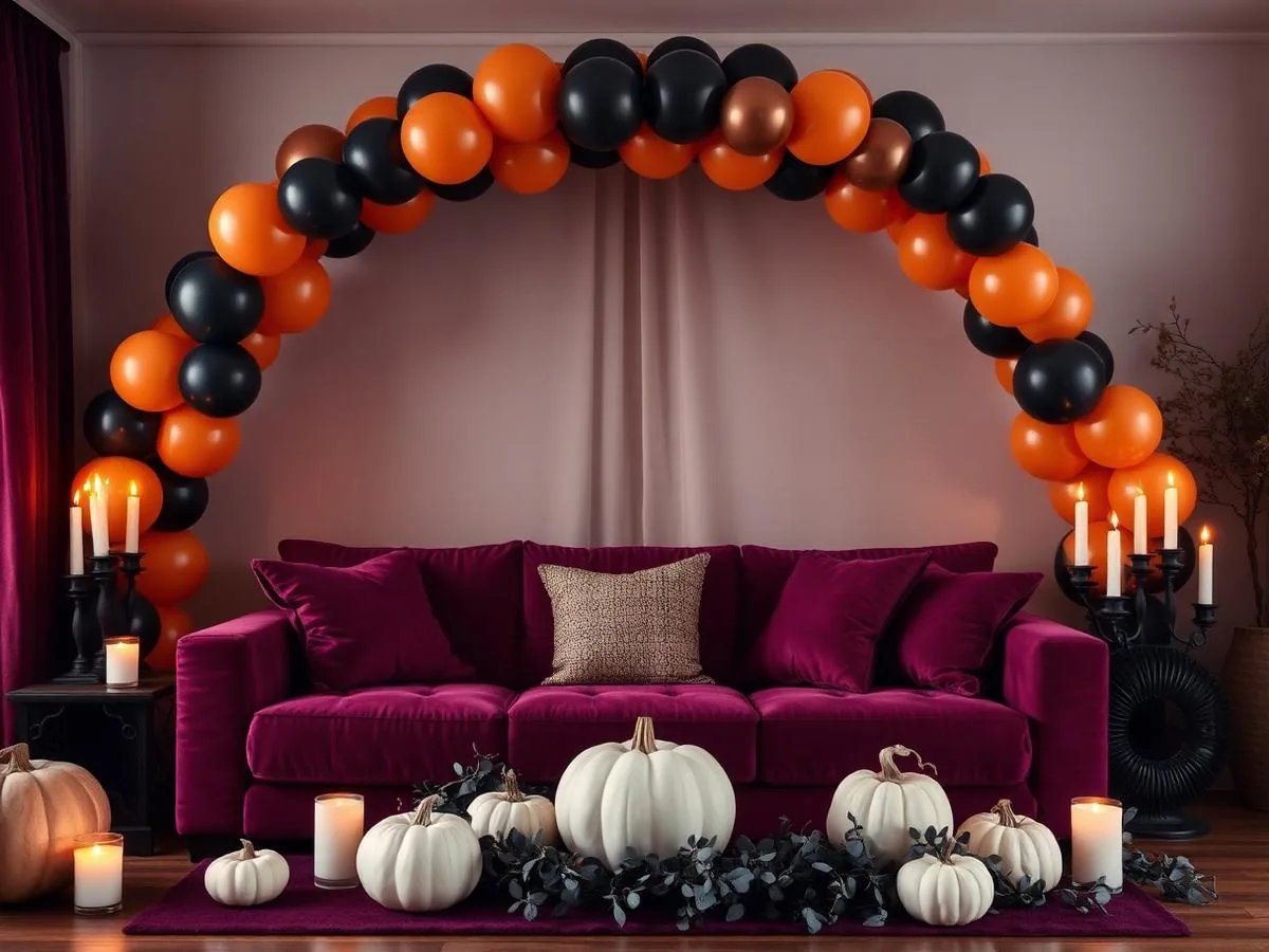 Sala decorada para Halloween com arco de balões, abóboras e detalhes em tons escuros