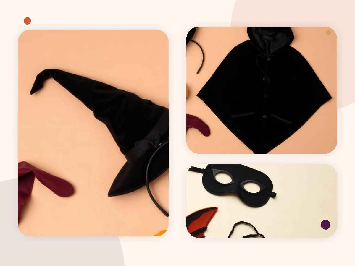 Acessórios e peças para fantasias de Halloween organizados em composição editorial