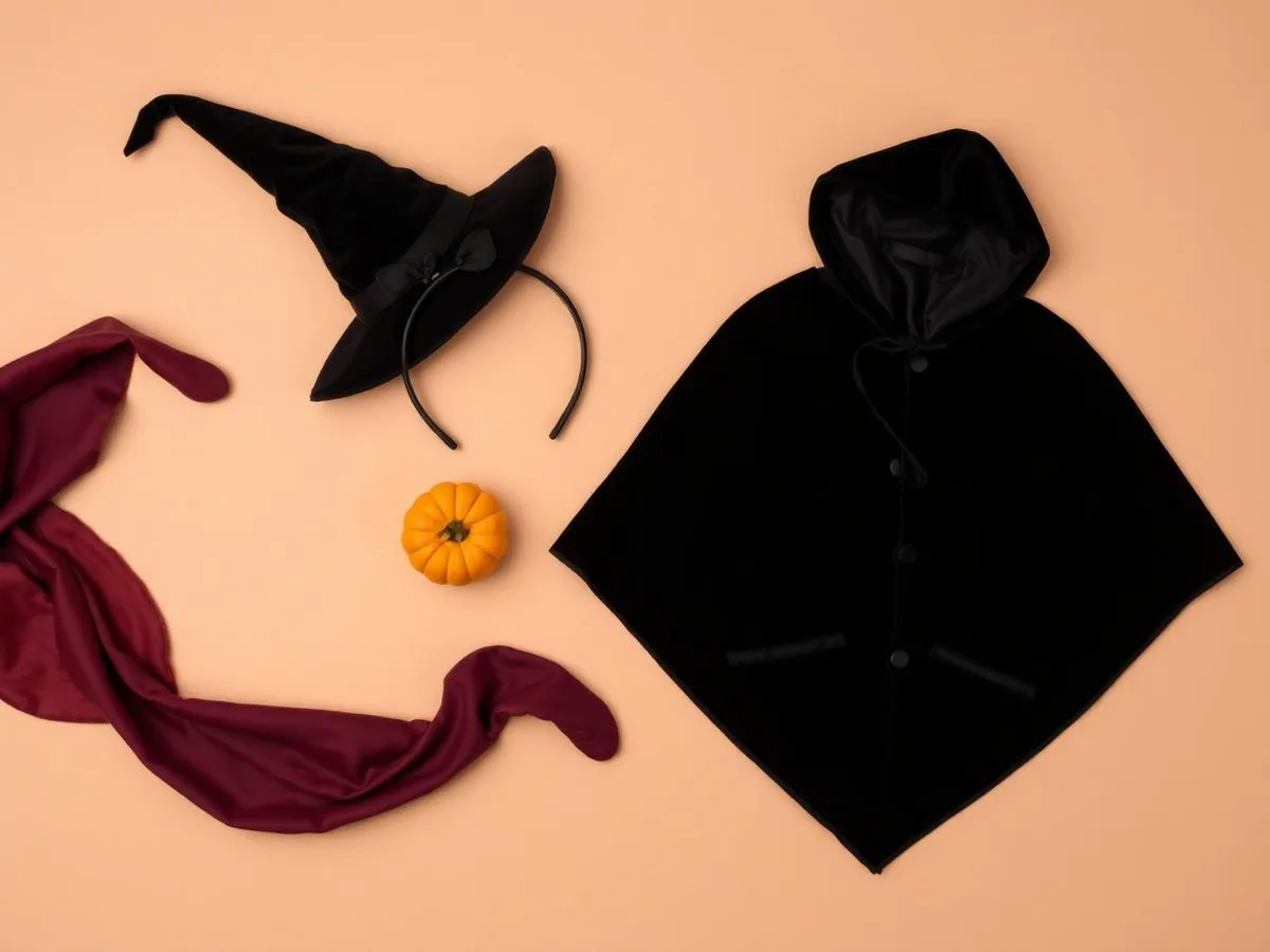 Acessórios de fantasia de Halloween organizados em composição editorial