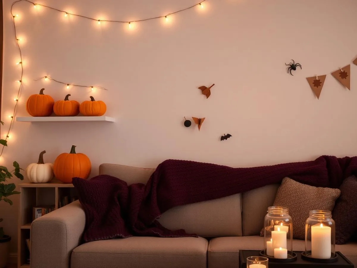 Sala de casa decorada para Halloween com luzes, abóboras e elementos temáticos