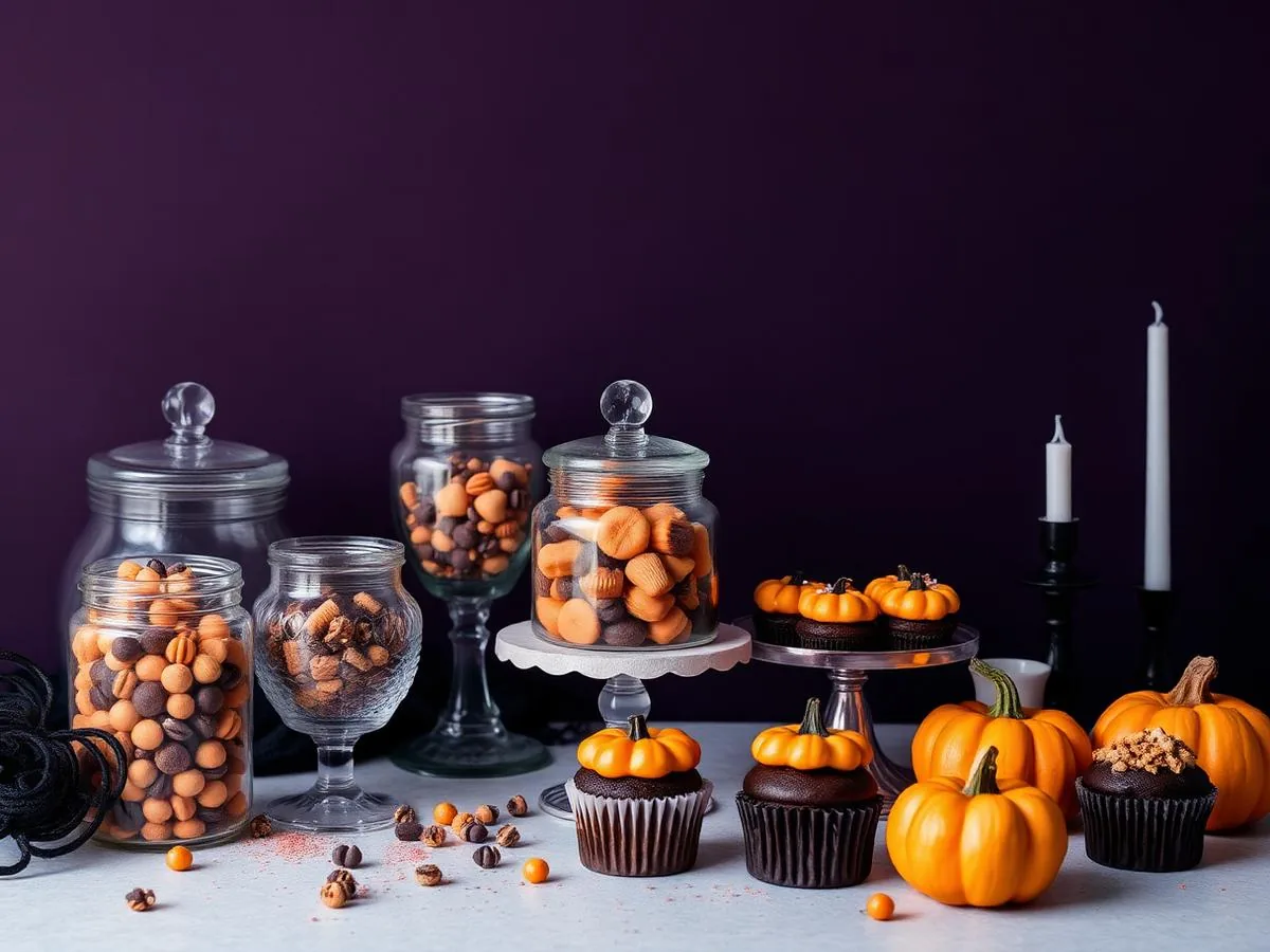 Mesa de doces de Halloween com potes, cupcakes e abóboras em composição temática