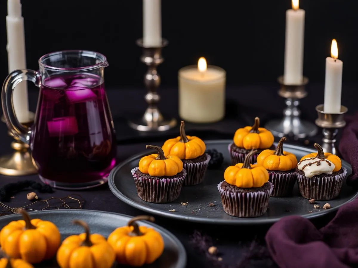 Cupcakes e bebida temática preparados para uma mesa de Halloween