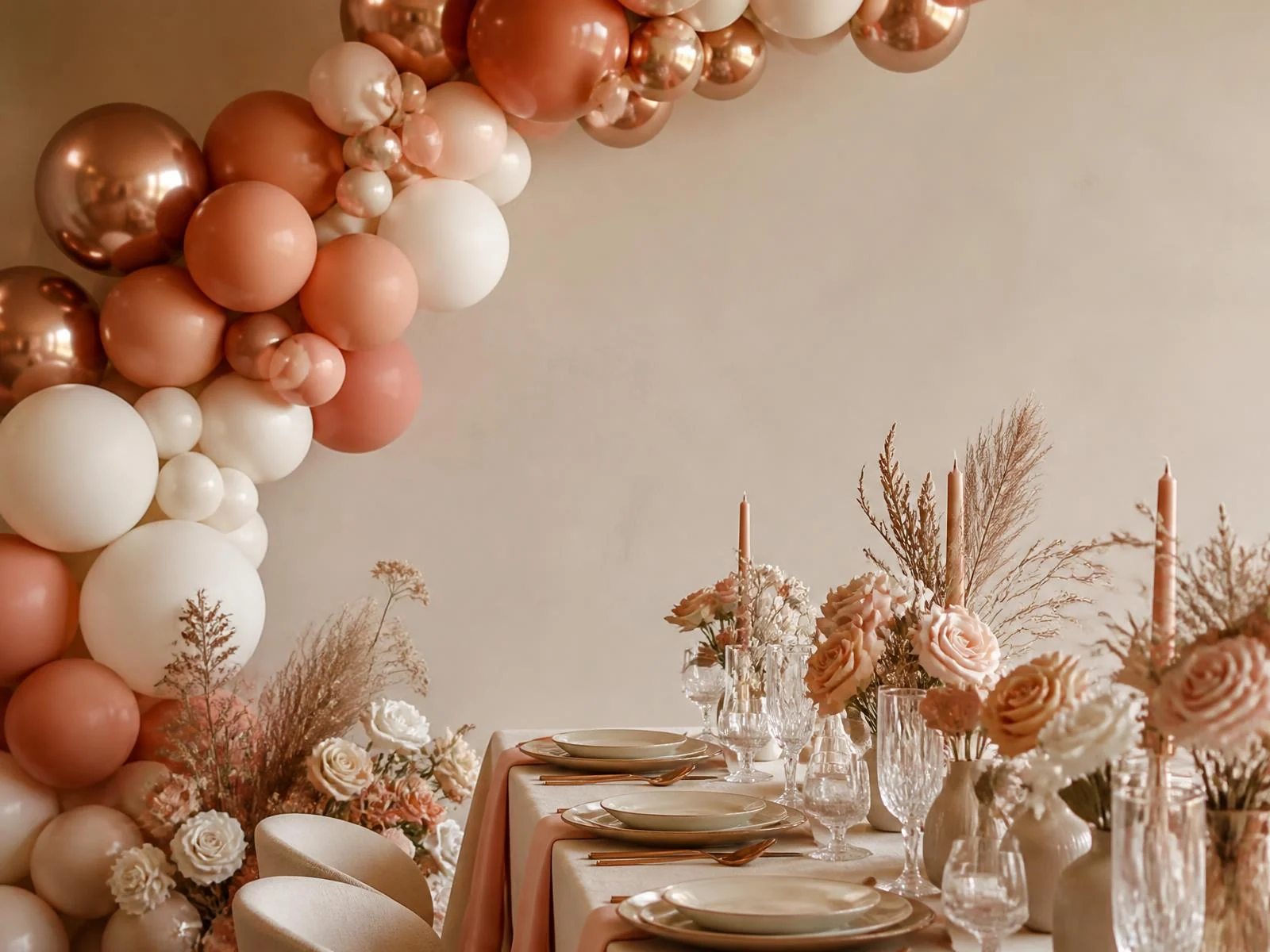 Decoração elegante de festa com balões em tons rosé, mesa posta e arranjo floral