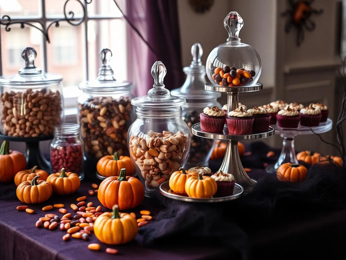 Mesa de guloseimas de Halloween com potes, doces e abóboras