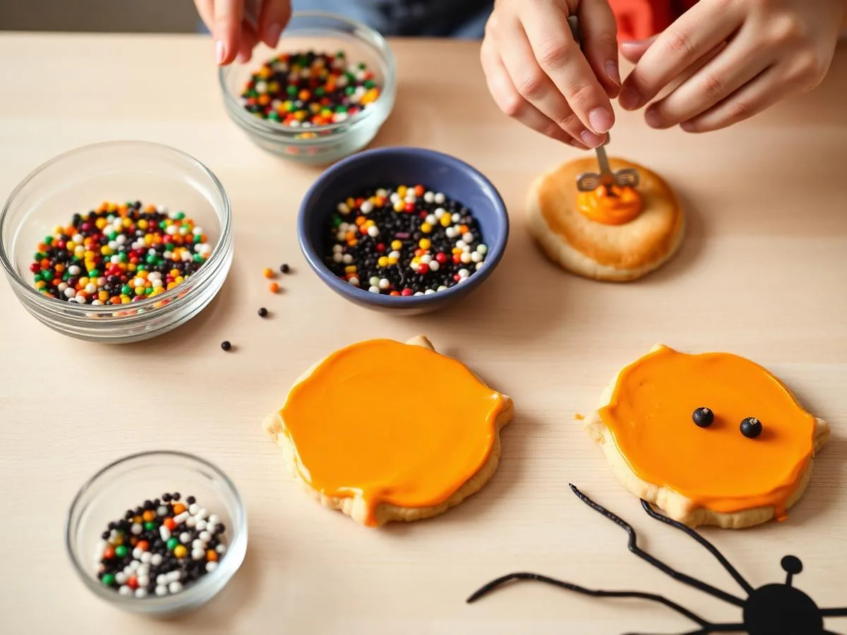 Biscoitos de Halloween sendo decorados em atividade culinária infantil