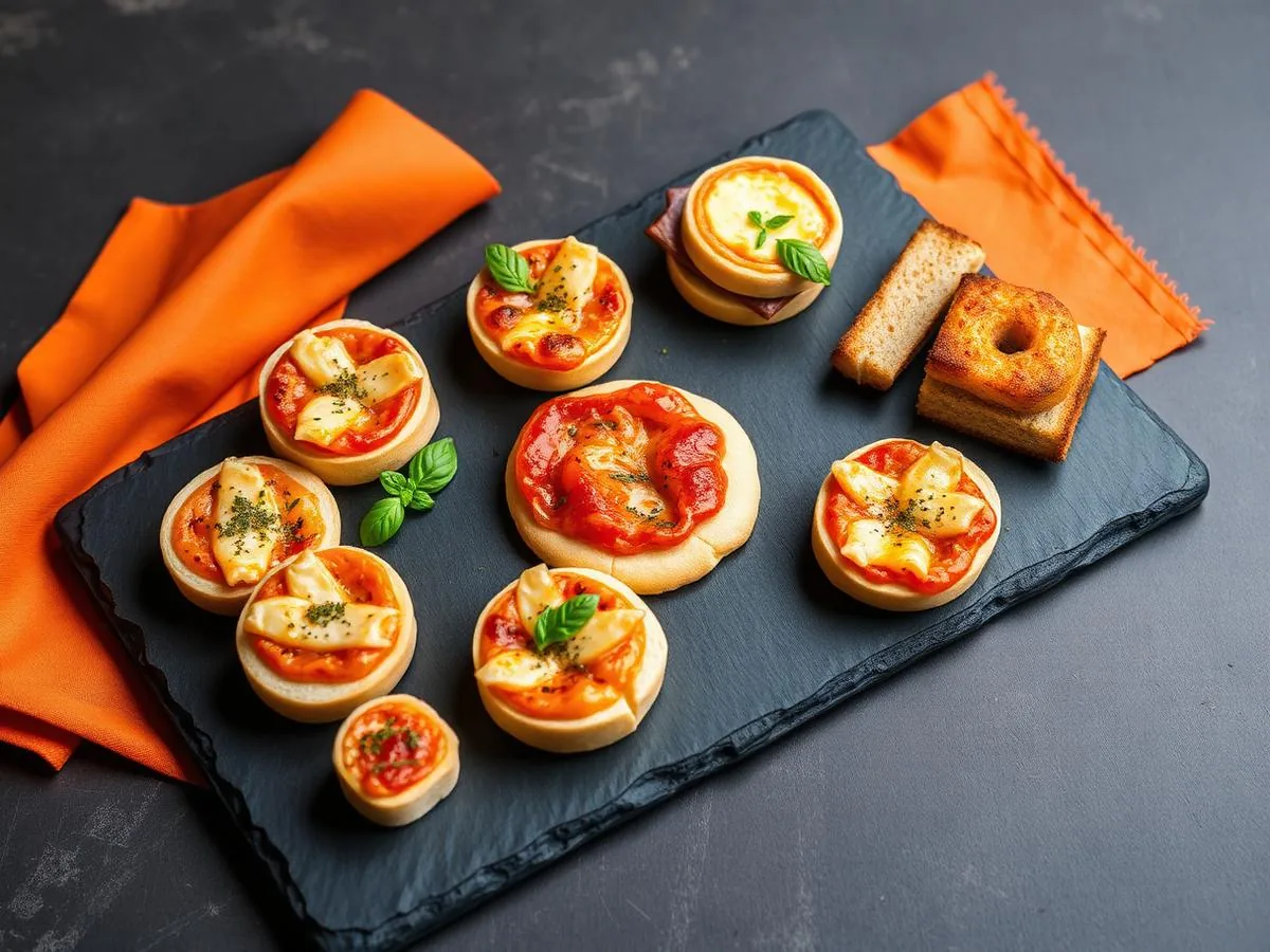 Mini pizzas e petiscos temáticos servidos para uma festa de Halloween