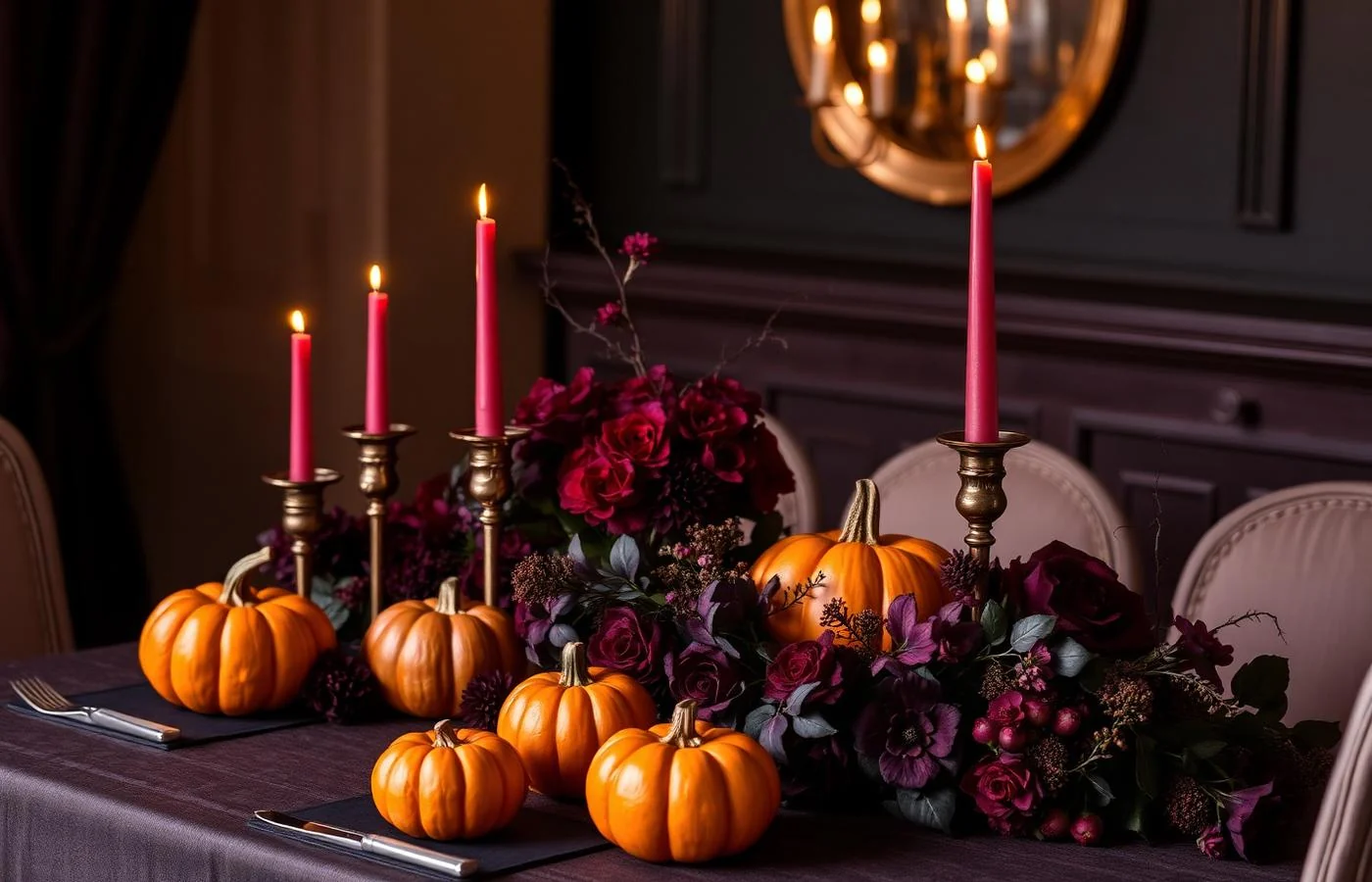 Mesa elegante de Halloween com abóboras, velas e flores em tons escuros