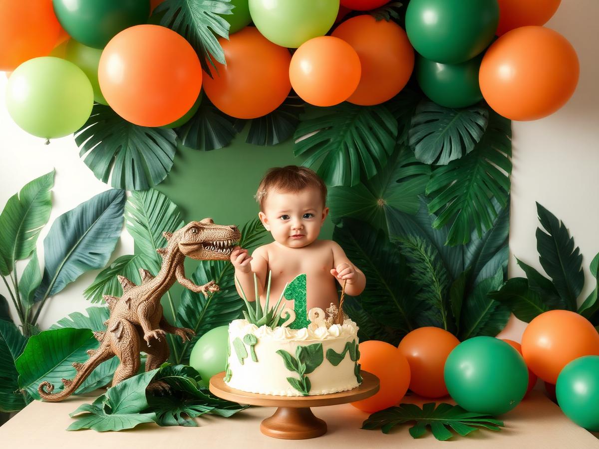 Decoração de festa Dinossauro com vegetação, painel e mesa de doces