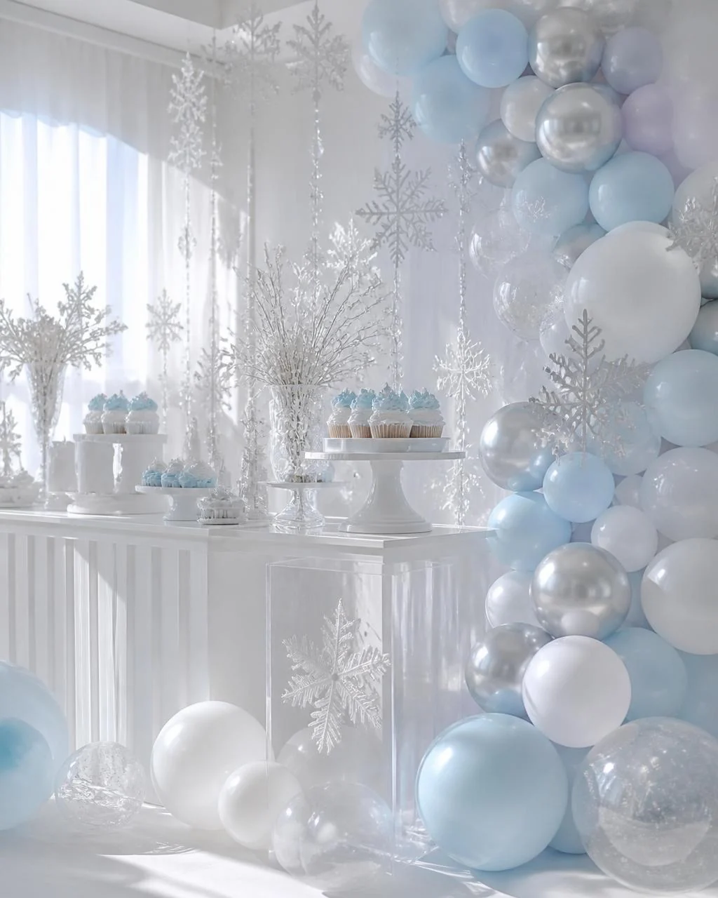 Decoração de festa infantil tema Frozen em azul gelo e branco