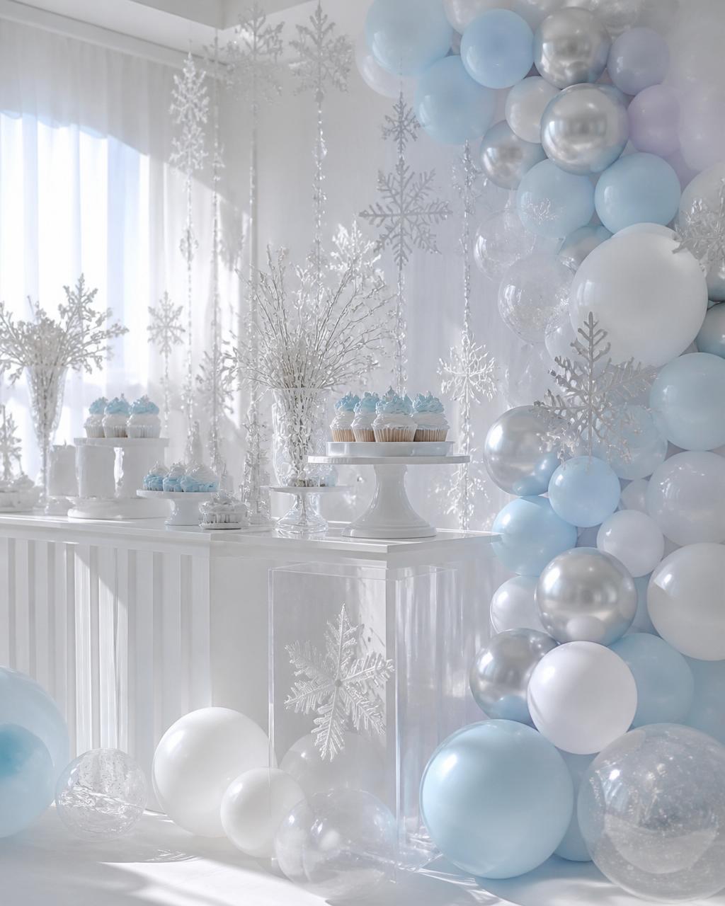 Decoração de festa infantil tema Frozen em azul gelo e branco com flocos de neve