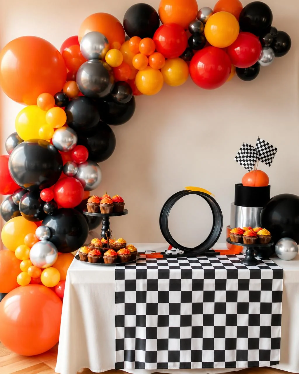 Decoração de festa tema Hot Wheels com elementos de corrida