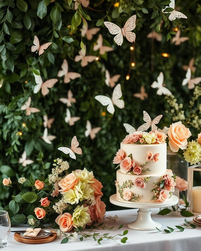 Decoração de festa Jardim Encantado com flores, folhagens e borboletas delicadas
