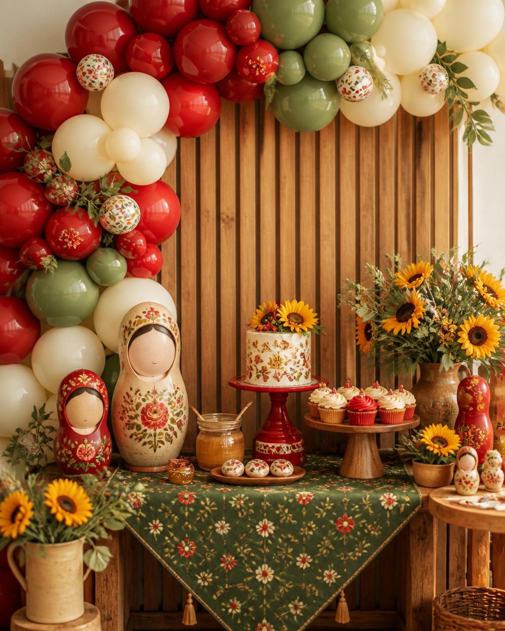 Decoração de festa tema Masha e o Urso com balões vermelhos, girassóis e detalhes folclóricos