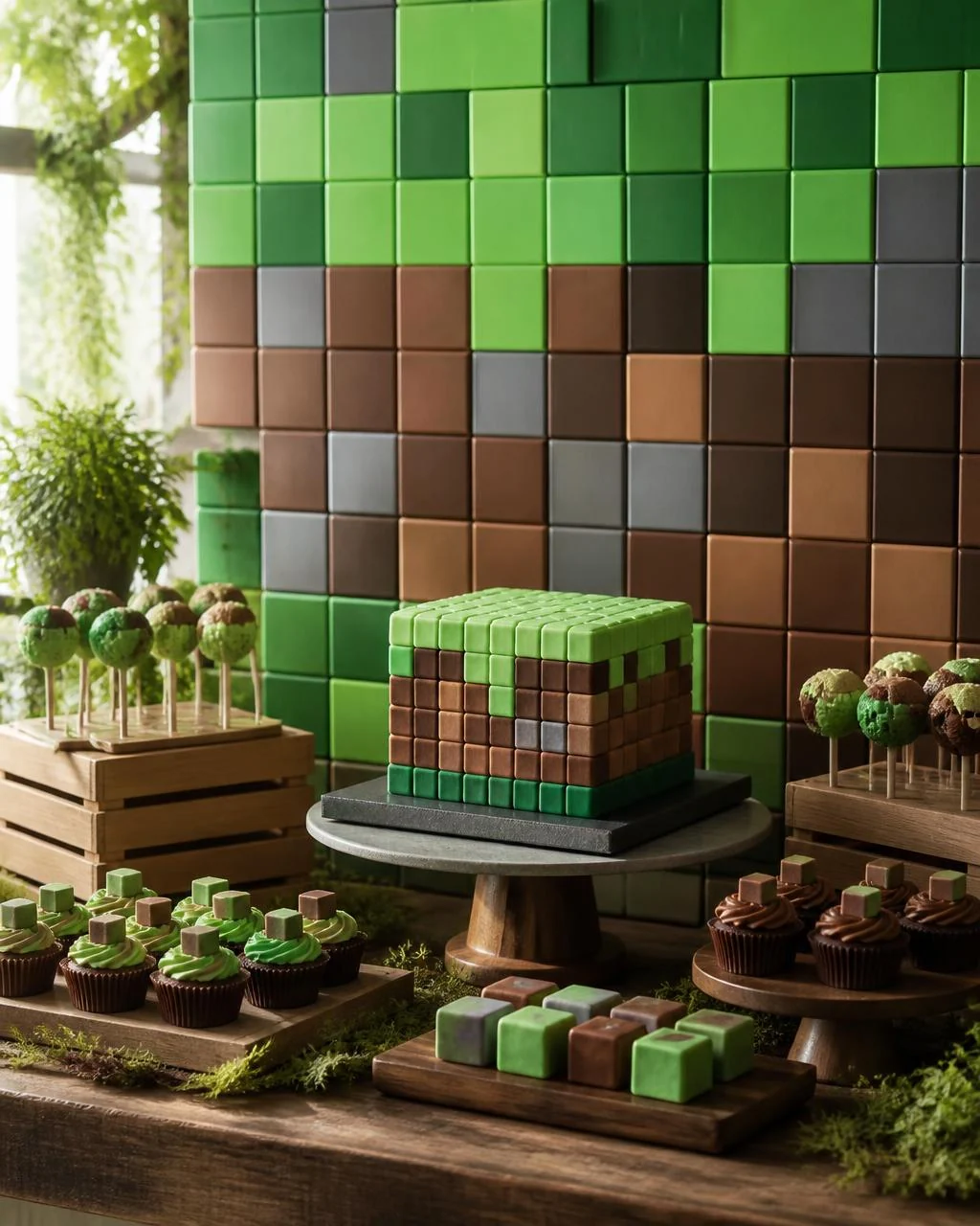 Decoração de festa tema Minecraft em tons verdes e marrons