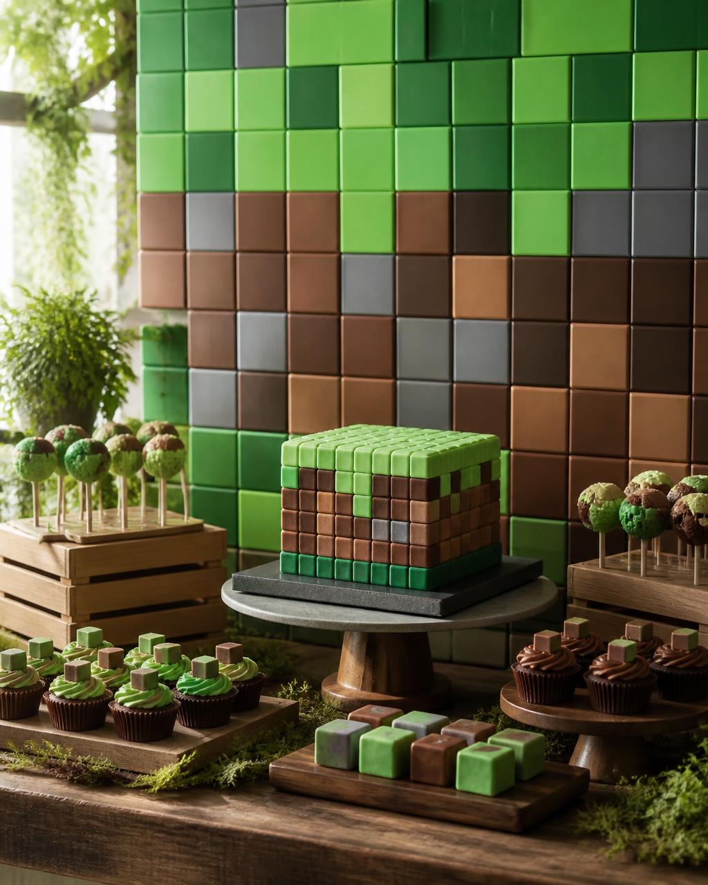Decoração de festa tema Minecraft com painel de blocos verdes e marrons e bolo cúbico