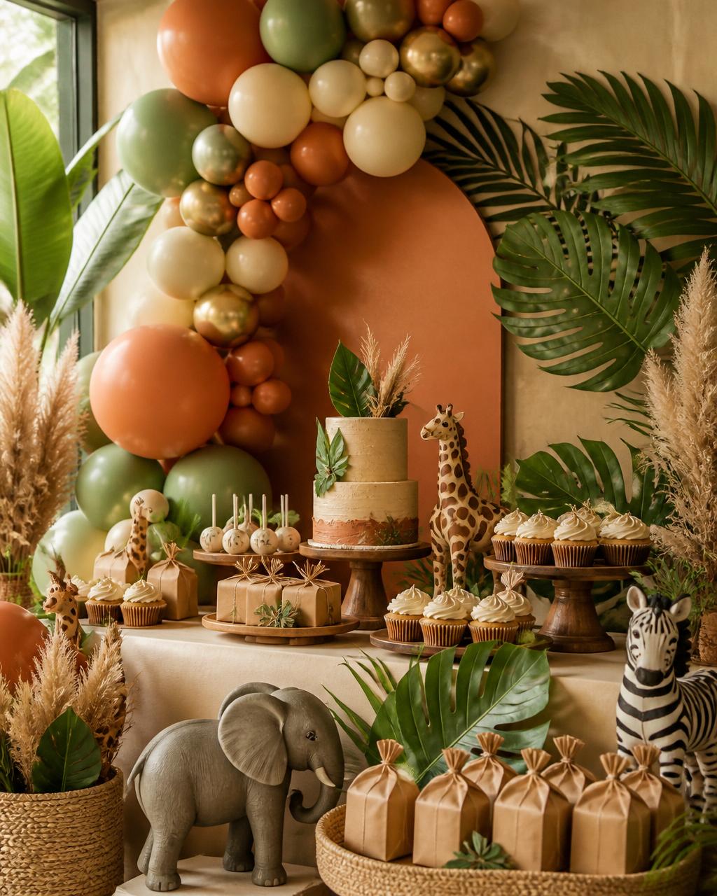 Decoração de festa Safari com balões em tons naturais, folhagens e bichinhos