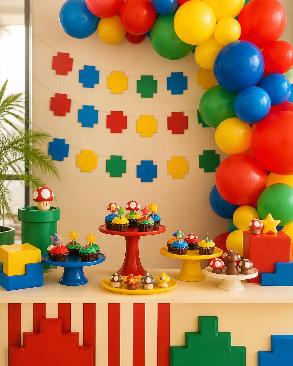 Decoração de festa tema Super Mario com balões coloridos e mesa de cupcakes