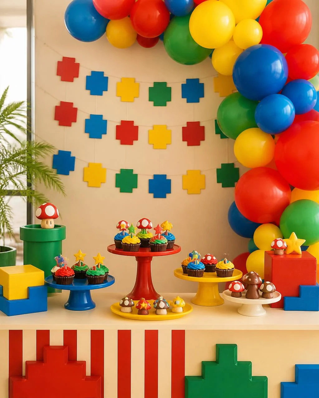 Decoração de festa tema Super Mario com balões coloridos